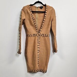 Missguided Camel Long Sleeve Bandage Dress US 12